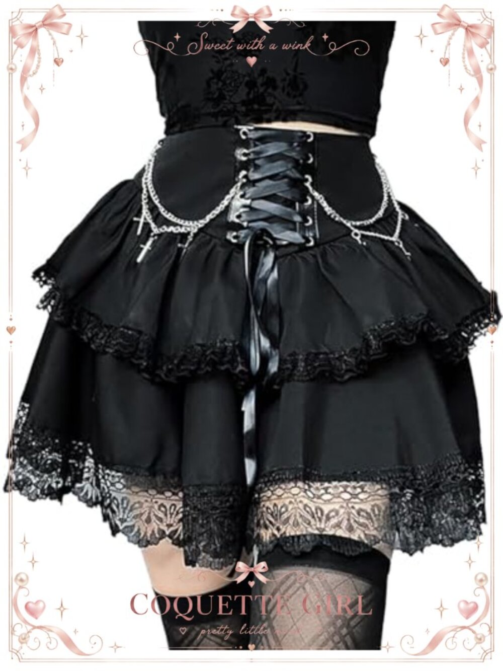 Lace Up Double Layered Ruffles Gothic Skirt High Waist